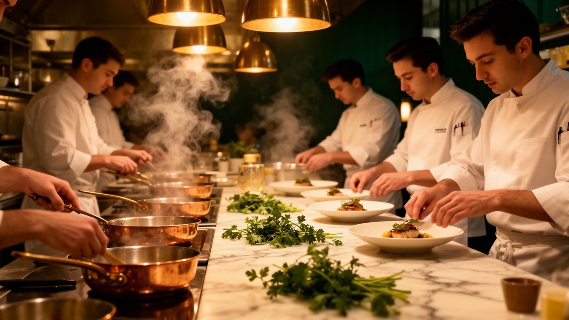 Travlt restaurantkøkken under service med kokke der anretter